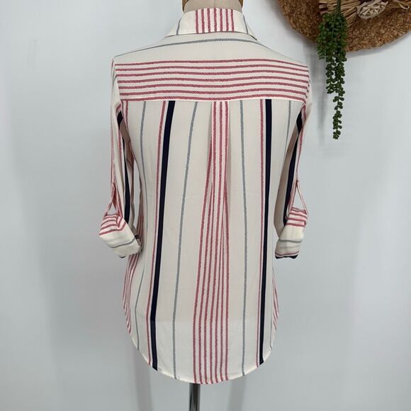 Express Women's Fortofino Shirt Slim Fit Long Roll Tab Sleeve Cream multi Stripe - Picture 4 of 14